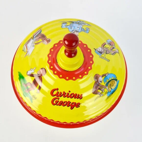 Vintage Curious George Red Yellow Metal Spin Top Toy - Picture 2 of 4